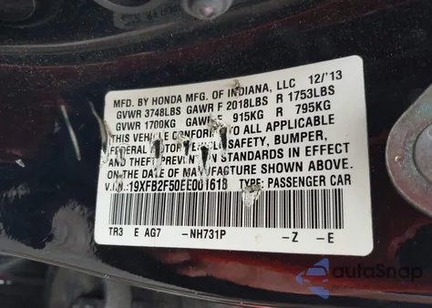 2014 Honda Civic Lx from USA, damaged, VIN 19XFB2F50EE001618